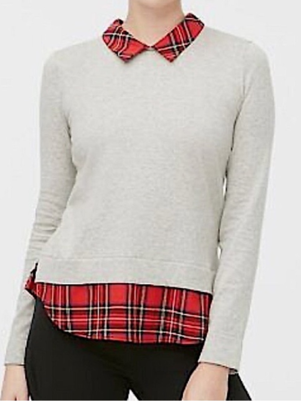 🔴 4/$15 J. Crew Factory Women’s S Gray Red Plaid Woven Collar & Hem Sweater EUC
